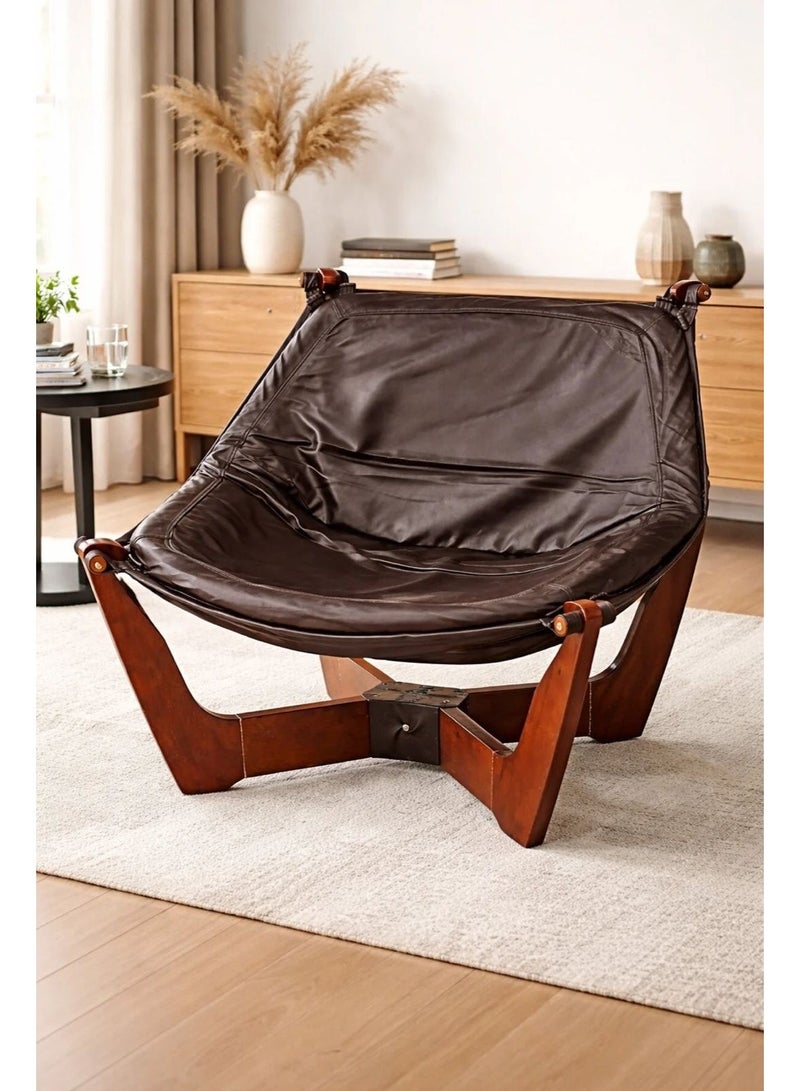 Xpert Modern Wooden Lounge Chair with Leather Sling Seat – Brown | 78 × 78 cm - Image 2